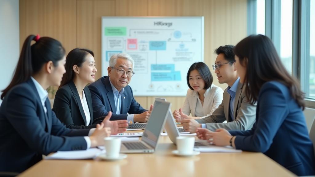 Diverse team of Japanese professionals in a collaborative meeting discussing HR strategies