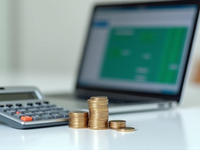 Calculator, coins, and a laptop representing payroll management